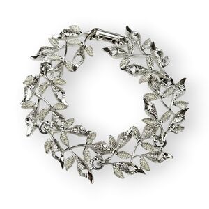 Vintage Leaf Link Bracelet Shiny Silver Rhodium Plated Leaves Mid Century 7.25"